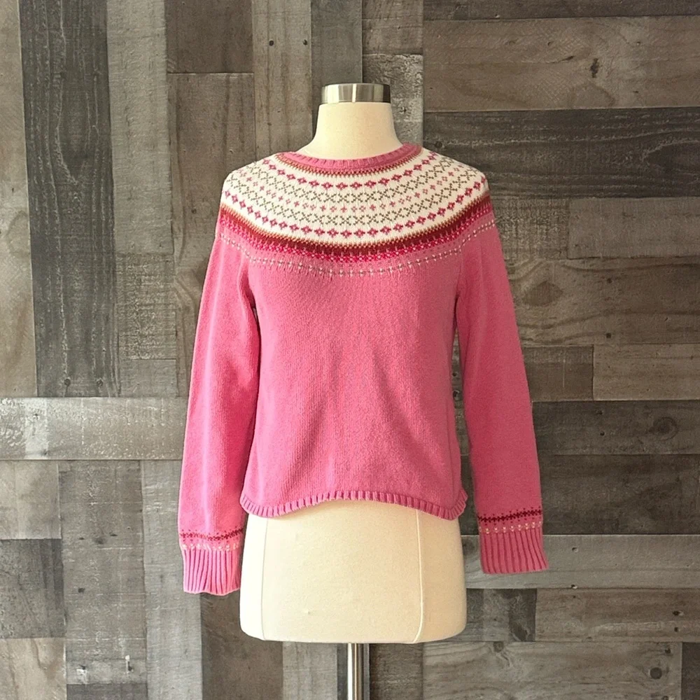 Lands’ End pink knit Nordic pattern sweater girls size 14 preppy holiday winter